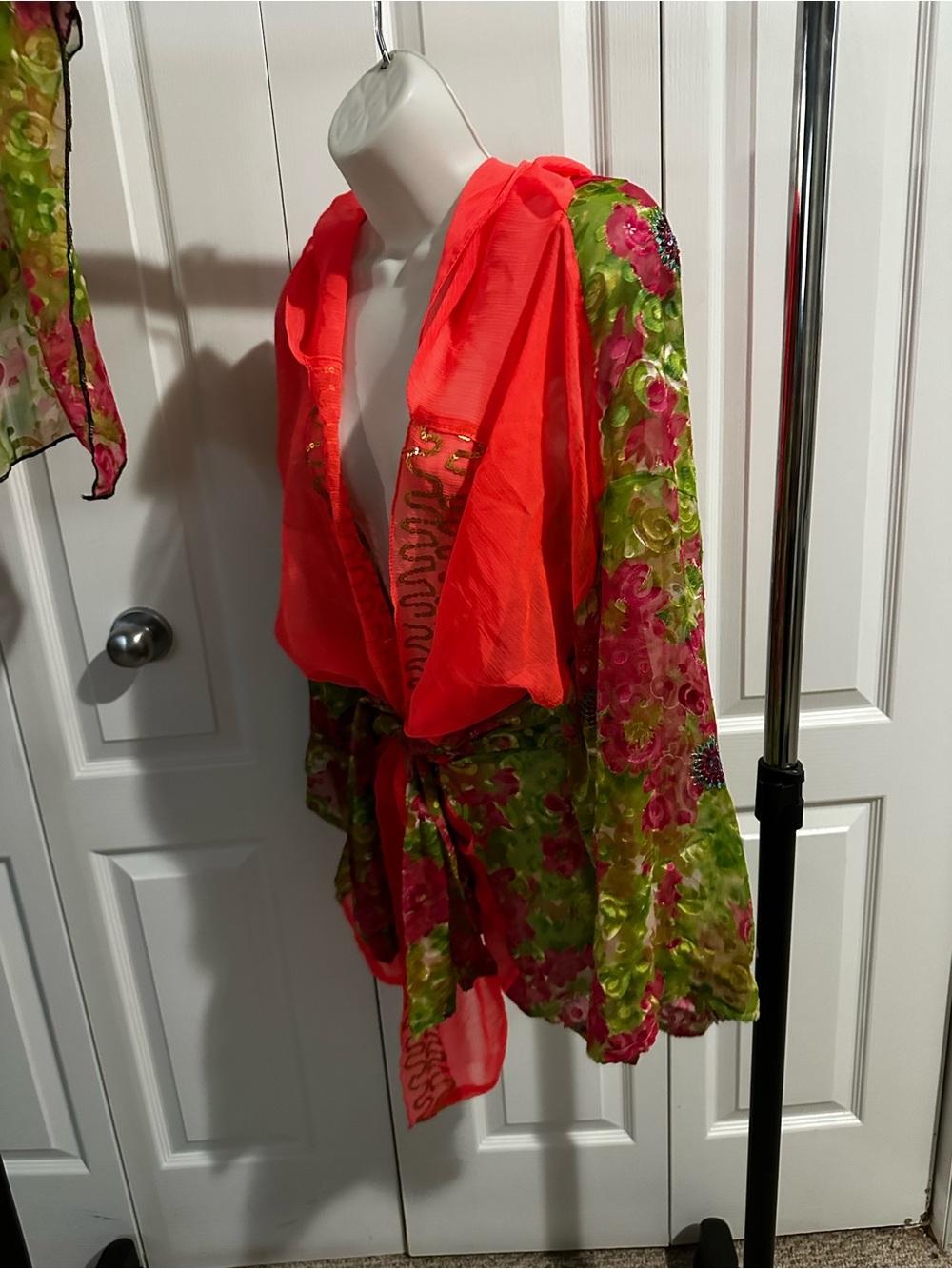 Sheer Floral Kimono with Neon Coral Hood
